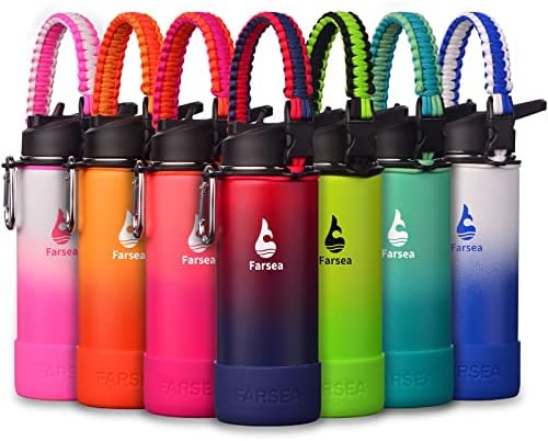 Farsea Insulated Water Bottle With Paracord Handle, Protective Silicone Boot and 2 Lids (Straw Lid & Spout Lid), Stainless Steel Water Bottle Wide Mouth, Double Wall Sweat-Proof BPA-Free, 18 oz