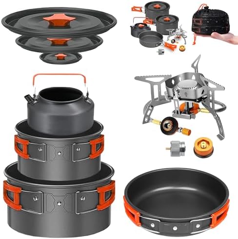 Camping Cookware Mess Kit Set with Stove - Backpacking Camping Pots and Pans Set, All in One Non-Stick Camping Cooking Set, Portable Stove, Hiking, Picnic, Outdoor & Camping Cookware Set