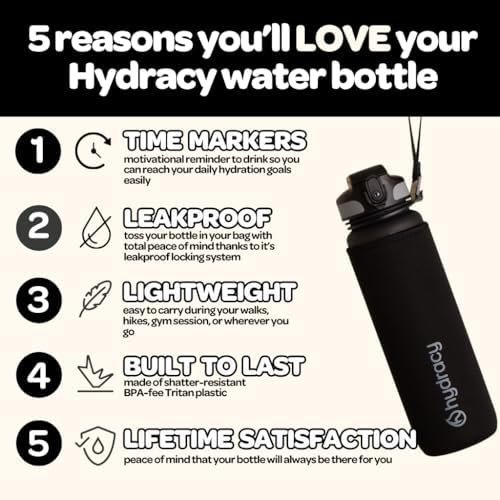 Hydracy Water Bottle with Time Marker -Large BPA Free Water Bottle & No Sweat Sleeve -Leak Proof Gym Bottle with Fruit Infuser Strainer & Times to Drink -Ideal for Fitness Sports & Outdoors