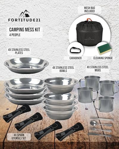 Stainless Steel Camping Mess Kit - Person's Complete Picnic & Camp Dish Set, Includes Plate, Bowl, Cup & Utensils
