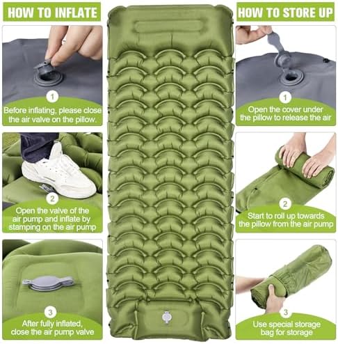 Sleeping Pad, Ultralight Inflatable Sleeping Pad for Camping with Pillow, Built-in Pump, Ultimate for Camping, Hiking - Airpad, Carry Bag, Repair Kit, Compact & Lightweight Camping Pad(Green)