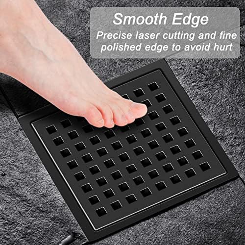EXF Square Shower Drain 6 Inch Matte Black, Stainless Steel Shower Floor Drain Kit with ABS Flange, Removable Grid Grate, Hair Strainer, Not Fit for Bathtub
