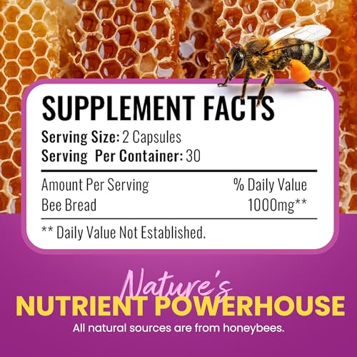 HONEYBEEZONE Bee Bread Capsules – Nutrient-Rich Superfood for Energy Boost, Immune Support Supplement | Non-GMO, Gluten-Free, 60 Easy-to-Swallow Veggie Capsules