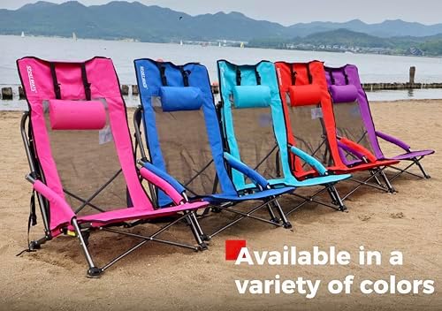 SPORT BEATS Low Beach Chairs Set of 2 Folding Beach Chairs High Back Support with Head Pillows Shoulder Straps