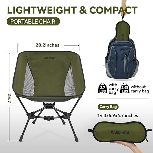MARCHWAY Lightweight Folding Camping Chair, Stable Portable Compact for Outdoor Camp, Travel, Beach, Picnic, Festival, Hiking, Backpacking, Supports 330Lbs (Green)