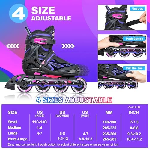 2PM SPORTS Vinal Girls Adjustable Flashing Inline Skates, All Wheels Light Up, Fun Illuminating Skates for Kids Men Adult Women and Boys