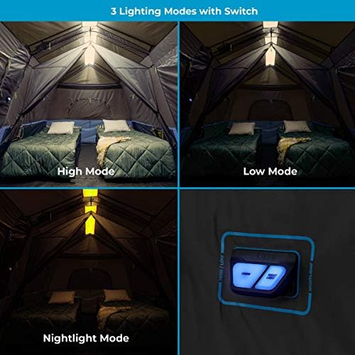 CORE Instant Cabin Tents with LED Lights | 6 Person / 9 Person / 12 Person Family Multi Room Lighted Pop Up Tents for Camping | Included Storage Pockets for Camping Accessories