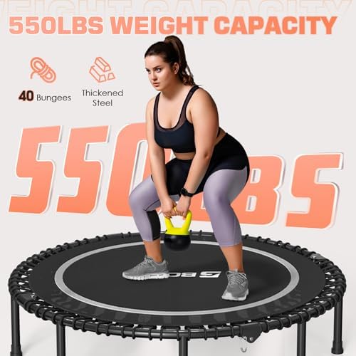 BCAN 450/550 LBS Foldable Mini Trampoline, 40"/48" Adult Fitness Trampoline with Bungees, U Shape Adjustable Foam Handle, Stable & Quiet Exercise Rebounder,Indoor/Outdoor Workout