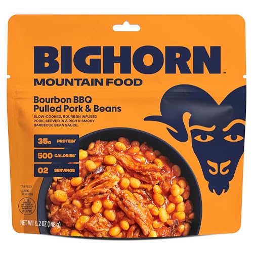 BIGHORN Mountain Food Bourbon BBQ Pulled Pork and Beans - premium freeze dried meals for backpacking food - dehydrated camping food for backpacking meals - 2 Serving