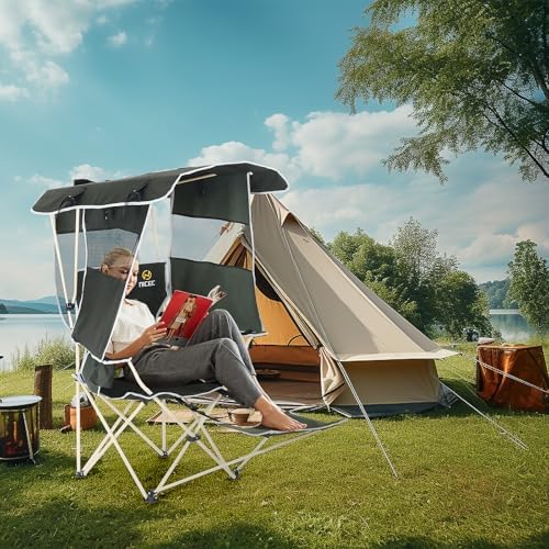 Nice C 2-P Green Camping Chair with Canopy, Shades, Removable Footrest, Cooler Bag, Cup Holder, Foldable, Portable, Outdoor, 400 lbs Capacity
