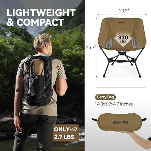 MARCHWAY Lightweight Folding Camping Chair with Spring Lock, Stable Compact Portable for Outdoor Camp, Travel, Beach, Picnic, Festival, Hiking, Backpacking (Lowback Khaki)