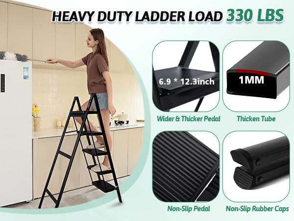 5 Step Folding Heavy Duty Step Ladder, 330 Lbs Load, Black, Iron & Plastic, 46 Inch Tall, Anti-Slip, Multi-Position, Indoor/Outdoor