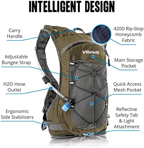 Vibrelli Hydration Backpack & 2L Hydration Bladder - High Flow Bite Valve - Hydration Pack for Cycling, Running, Hiking