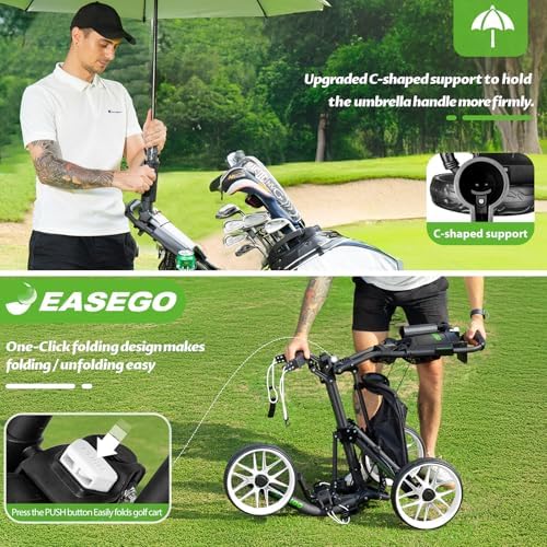Golf Push Cart 3 Wheel : Golf Bag Cart Foldable with Phone Holder/Cup/Umbrella Holder Compact Golf Pull Carts Quick Fold Golf Caddy Push Carts with Large Wheelbase for Different Terrain