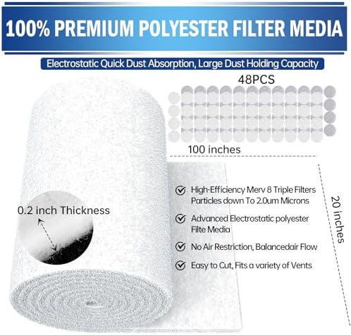 UBeesize Air Vent Filters Kit - 20" x 100" Cut to Size Air Filter Material (70+ Filters), With Adhesive Hook Tape for Home Floor, Grilles, Ceiling, HVAC Furnace Vents