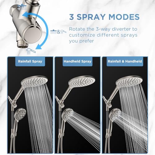 Dual Handheld Shower Head Combo, 2-in-1 Rain Shower Heads System 8 Inch Rainfall Shower Head and 10 Modes High Pressure Hand Held Showerhead with Built-in Power Wash