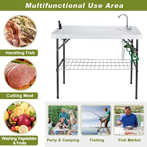 Folding Fish Cleaning Table Portable Camping Sink with Faucet Drainage Hose & Sprayer Outdoor Fillet Station Grid Rack Knife Groove for Picnic Fishing, Black