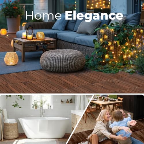 Pack of 10 Deck Tiles - 12"x12" Interlocking Natural Solid Acacia Wood for Outdoor & Indoor, Patio Garden, Balcony, Poolside - Brown Color