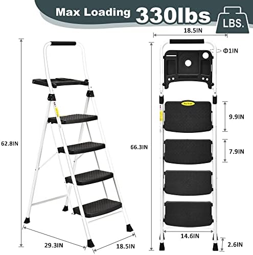 SocTone 4 Step Ladder, Folding Step Stool with Tool Platform, Sturdy& Portable Steel Ladder for Adults, 330LBS Capacity Ladder for Home Kitchen Pantry Office.