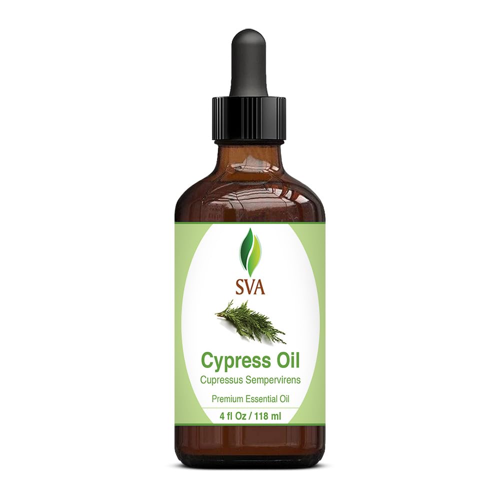 SVA Cypress Essential Oil – 4 Fl Oz – 100% Natural Cypress Oil - for Diffuser, Hair Care, Face, Skin Care, Aromatherapy, Scalp and Body Massage, Soap and Candle Making – with Dropper