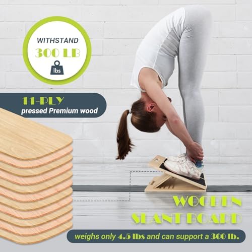 Slant Board for Calf Stretching, Adjustable Portable Wooden Incline Board for Calf Stretcher with Training Poster, 300 Lbs Weight Capacity Calf Stretch Wedge for Exercise, Squat & Physical Therapy