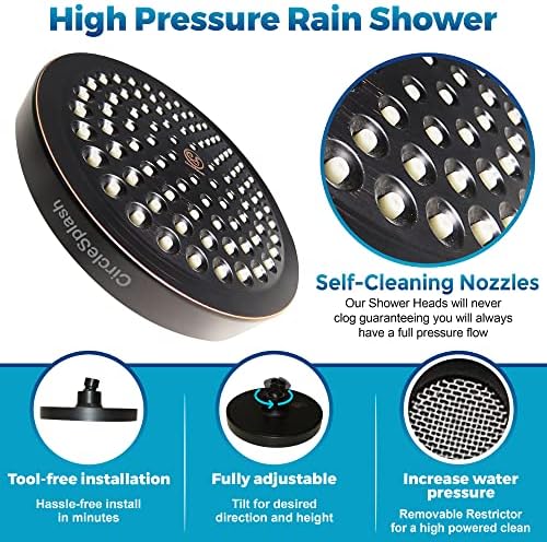 High Pressure Shower Head - Anti-Clogging Silicone Nozzles - 2.5 GPM Removable Restrictor - Easy Clean Adjustable Replacement - easy to install with Plumbers Tape - 6 inch - Oil Rubbed Bronze Finish