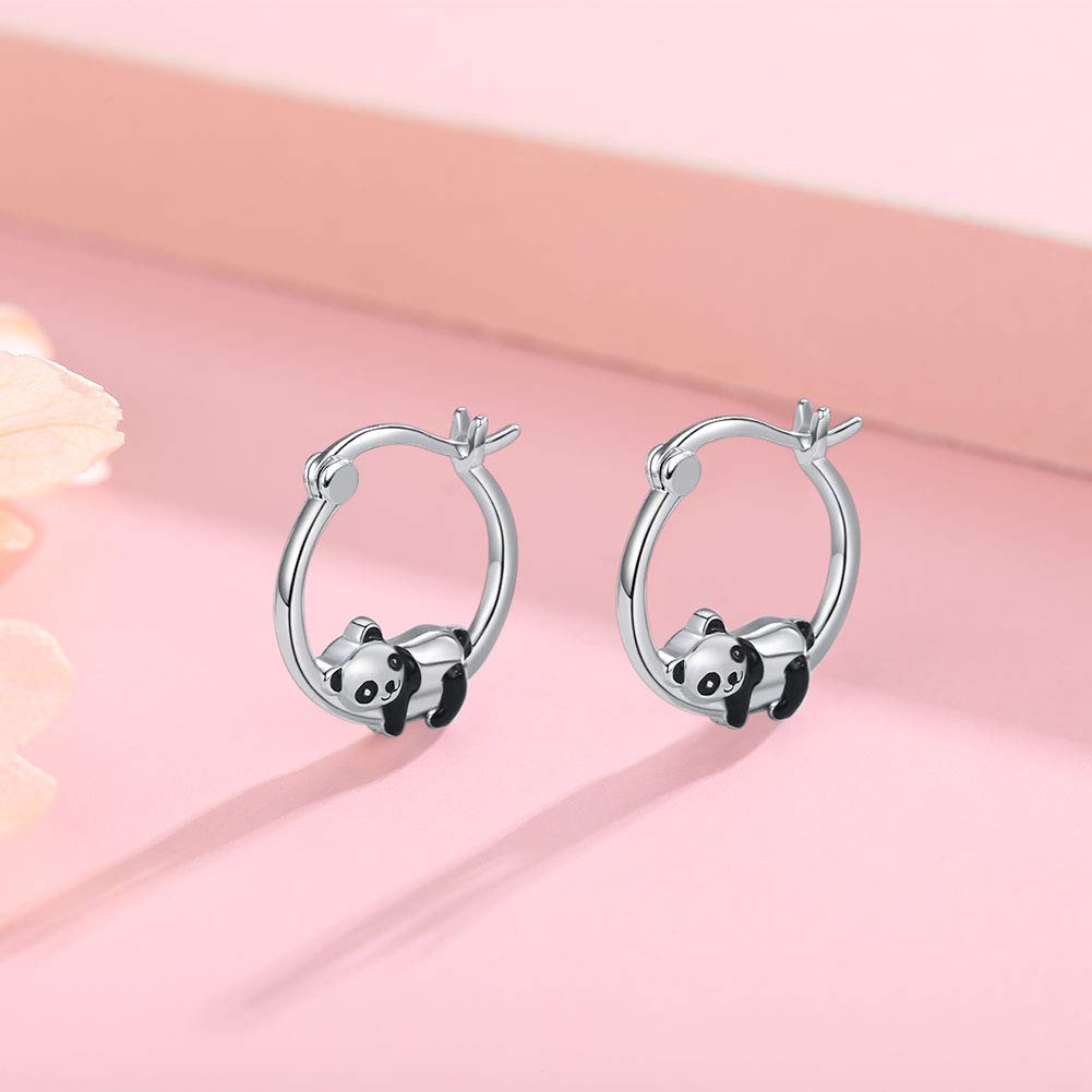 JUSTKIDSTOY Hypoallergenic Panda Hoop Earrings for Women Girls Sterling Silver Small Animal Huggie Hoop Earrings for Sensitive Ears Panda Jewelry Graduation Gifts for Daughter Her