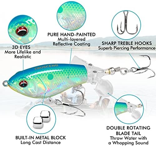 TRUSCEND PoPobait Plopper with BKK Hooks, Top Water Fishing Lures for Bass Walleye Pike Catfish Musky Perch, Floating Lure for Freshwater or Saltwater, Amazing Teasers Fishing Gifts for Family Fishing