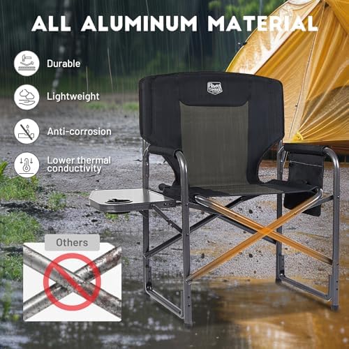 TIMBER RIDGE Aluminum Oversized Camping Chair, Lightweight Portable Directors Chair with Side Table Detachable Side Pocket for Outdoor Camping, Lawn, Picnic, Support 400lbs Black