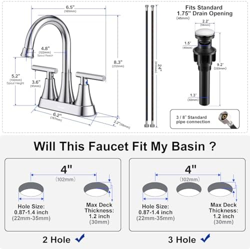 Bathroom Faucets for Sink 3 Hole, Hurran 4 inch Chrome Bathroom Sink Faucet with Pop-up Drain and Supply Hoses, Stainless Steel Lead-Free Centerset Utility Faucet for Vanity RV, 2 Pack