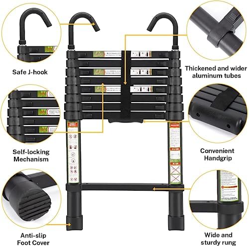 Telescopic Ladder, 10.5FT RIKADE Aluminum Telescoping Ladder with Non-Slip Feet and Stable Hook, Portable Extension Ladder for Household and Outdoor Working, 330lb Capacity Black