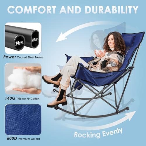 Suteck Heated Rocking Camping Chair, XL Oversized Rocking Chair Outdoor with 3 Heat Levels for Back and Seat, Heated Chairs Outdoor Sports for Patio Lawn Picnic Travel, Power Bank(Not Included)