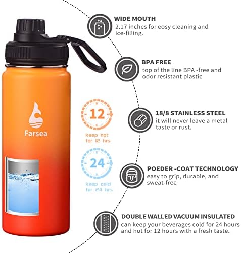 Farsea Insulated Water Bottle With Paracord Handle, Protective Silicone Boot and 2 Lids (Straw Lid & Spout Lid), Stainless Steel Water Bottle Wide Mouth, Double Wall Sweat-Proof BPA-Free, 18 oz