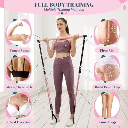 Pilates Bar Kit with Resistance Bands, Multifunctional Yoga Pilates Bar with Heavy-Duty Metal Adjustment Buckle, Portable Home Gym Pilates Resistance Bar Kit for Women Full Body Workouts