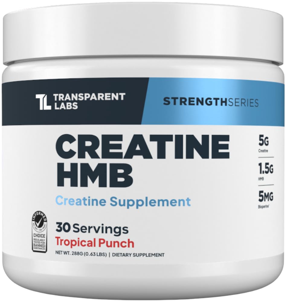 Transparent Labs Creatine HMB - Creatine Monohydrate Powder with HMB for Muscle Growth, Increased Strength, Enhanced Energy Output, and Improved Athletic Performance - 30 Servings, Tropical Punch