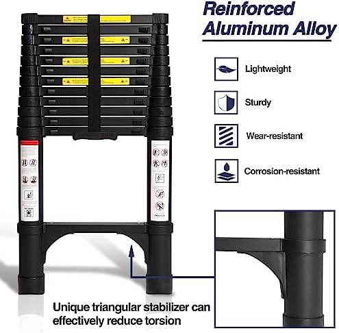 BOCOM 12.5 FT Aluminum Telescoping Ladder, Lightweight Multi-Purpose Collapsible Extension with 2 Triangle Stabilizers, Heavy Duty 330 lbs Max Capacity, Ideal for Home, RV, and Outdoor Work Black