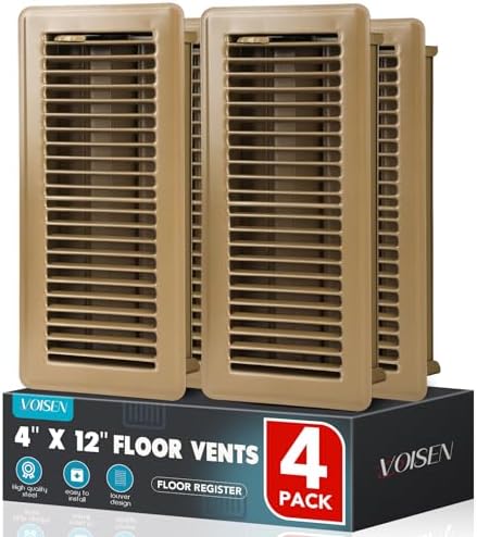 VOISEN Floor Register 4x12, 4 Pack Floor Vent Covers, Steel Adjustable Air Supply Grille Register Vent Cover Grill for Sidewall and Floor, Vent Covers for Home Floor,Brown