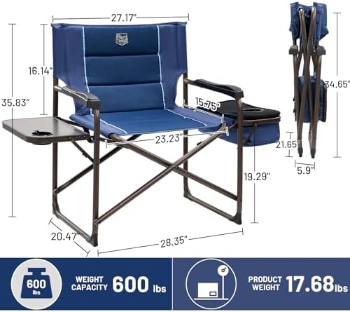 TIMBER RIDGE XXL Oversized Directors Chair 600lbs - Heavy Duty Camping Chair with Cooler Bag & Table, Portable Folding Chair with Wide Seat for Tailgating, Patio, Outdoor - Blue