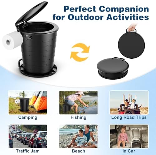 Portable Toilet for Adults, Retractable Porta Potty for Camping with Toilet Paper Holder and Lid, Foldable Toilet Adjustable Height for Camping, Hiking, Fishing, RV Travel, Road Trips