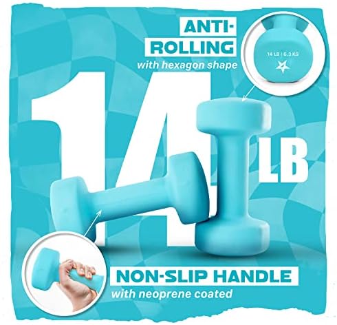 Yes4All Neoprene Coated Dumbbell Hand Weight Sets of 2 - Multiple Weight Options with 15 Colors, Anti-roll, Anti-Slip, Hexagon Shape