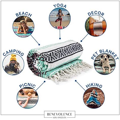 Benevolence LA Authentic Handwoven Mexican Blanket | Yoga Blankets, Outdoor, Picnic, Beach, Camping | Equestrian Saddle | Serape 50x70 inches - Mint, Pack of 1