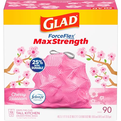 Glad Tall Kitchen Trash Bags 13 Gallon, MaxStrength Cherry Blossom Garbage Bags, Drawstring, 90 Count