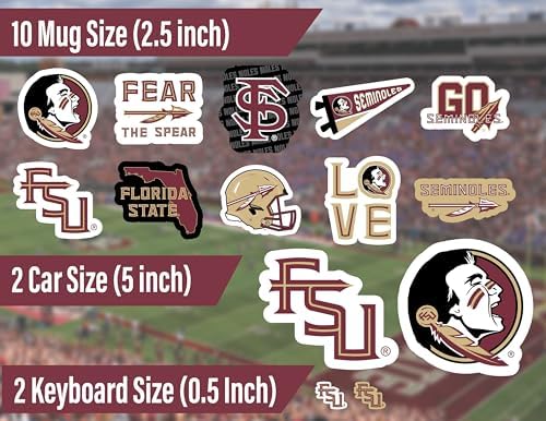 Florida State Stickers (14 Piece) FSU Gifts for Men Football Fans for Car Laptop Water Bottle + 2 Large Seminoles Car Decals, 10 Water Bottle Size, 2 Keyboard Size
