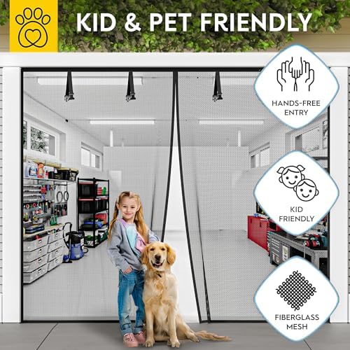 AUGO Garage Door Screen Magnetic Closure - Garage Screen Doors for 1 Car Garage Pull Down - Magnetic Screen Door Mesh - Heavy Duty Weighted Bottom - Pet & Kid Friendly - Keep Open Feature - 9' x 7'