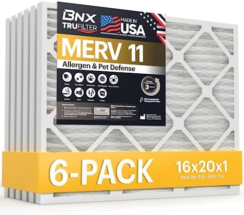 BNX TruFilter 16x20x1 Air Filter MERV 11 (6-Pack) - MADE IN USA - Allergen Defense Electrostatic Pleated Air Conditioner HVAC AC Furnace Filters for Allergies, Dust, Pet, Smoke, Allergy MPR 1200 FPR 7