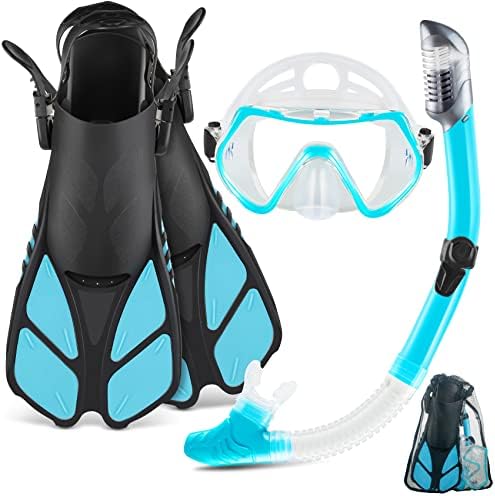 ZEEPORTE Mask Fin Snorkel Set, Travel Size Snorkeling Gear for Adults with Panoramic View Anti-Fog Mask, Trek Fins, Dry Top Snorkel and Gear Bag for Swimming Training, Snorkeling Kit Diving Packages