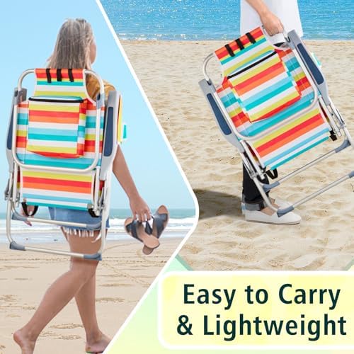 Outvita Backpack Beach Chair, 5 Level Adjustable Positions Beach Chair with Back Storage Bag, Cooler Pouch and Side Bags for Beach Poolside Lawn