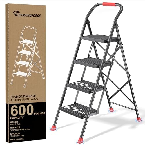 Step Ladder Foldable Folding Stool - for Home Adults Kitchen 4 Stepping Extension Tall Heavy Duty with Handrails - Closet Stepstool Stair Ladders Extendable Stepladder for Indoor House 600Lbs