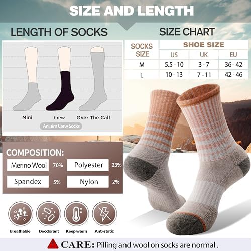Anlisim Merino Wool Hiking Socks for Women Thermal Winter Warm Boot Work Cushion Socks 5 Pairs
