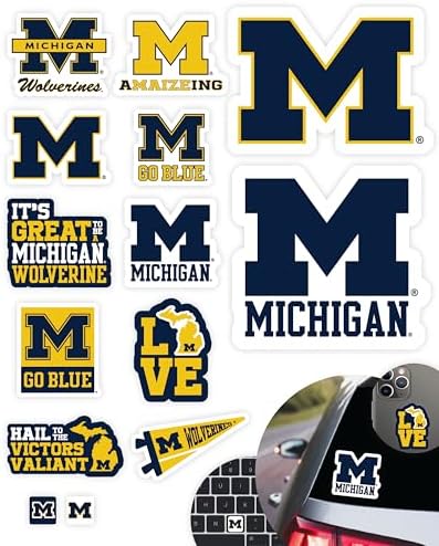 Michigan Wolverines Stickers (14 Piece) University of Michigan Gifts for Men Football Fans for Car Laptop Water Bottle + 2 Large UofM Car Decals, 10 Water Bottle Size, 2 Keyboard Size